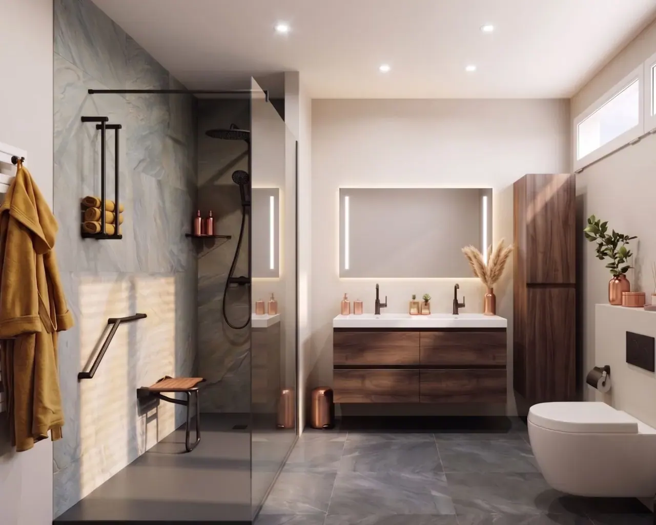 Complete levensloopbestendige badkamer met drempelloze inloopdouche, douchezitje, hoek-handgreep en walnoot-meubel Complete levensloopbestendige badkamer met drempelloze inloopdouche, douchezitje, hoek-handgreep en walnoot-meubel